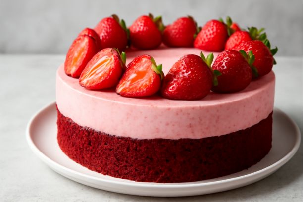 red velvet cake with strawberry cheesecake